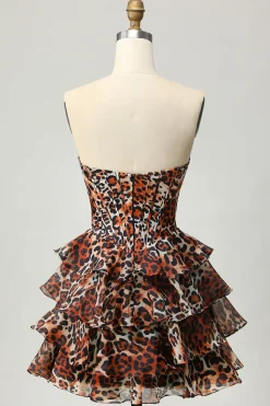 Strapless Khaki Leopard Tiered A Line Corset Homecoming Dress com Folhos