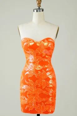 Strapless laranja apertado Homecoming vestido