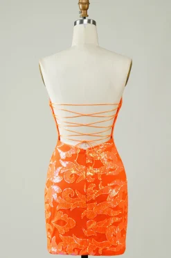 Strapless laranja apertado Homecoming vestido