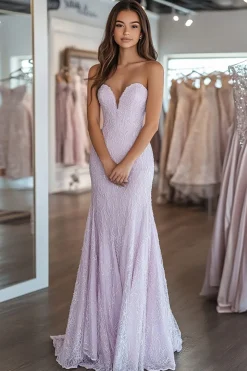 Strapless Lilac Lace Appliques Bainha Vestido de Baile