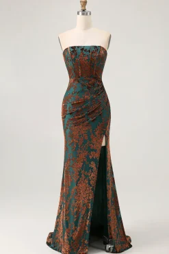 Strapless Peacock Green Corset Burnout Velvet Vestido Madrinha com Fenda