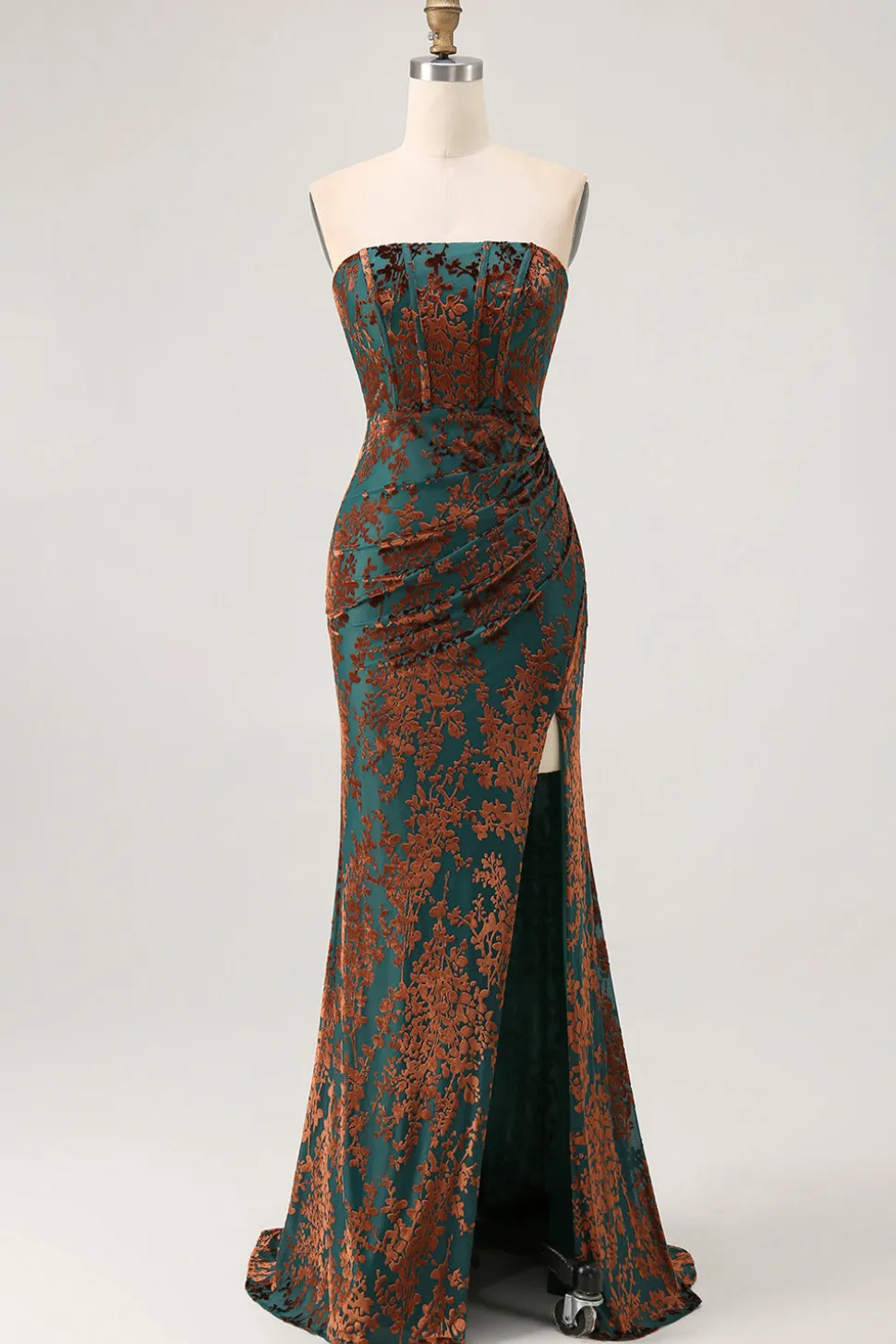 Strapless Peacock Green Corset Burnout Velvet Vestido Madrinha com Fenda