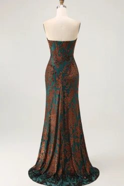 Strapless Peacock Green Corset Burnout Velvet Vestido Madrinha com Fenda