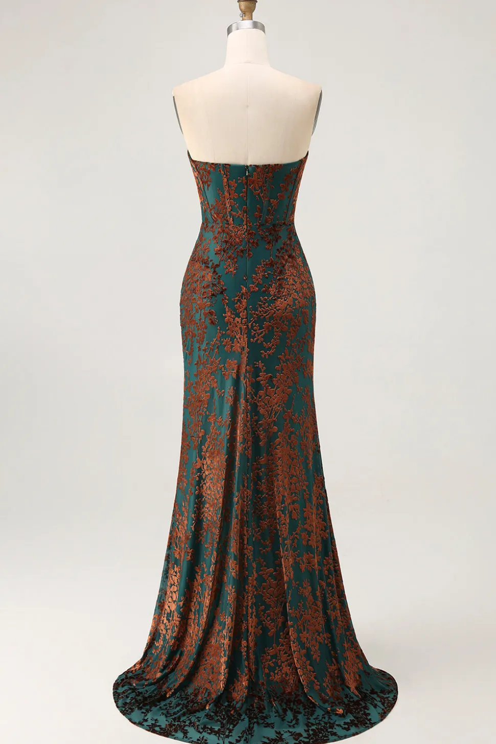 Strapless Peacock Green Corset Burnout Velvet Vestido Madrinha com Fenda