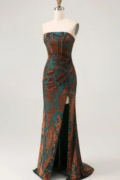 Strapless Peacock Green Corset Burnout Velvet Vestido Madrinha com Fenda