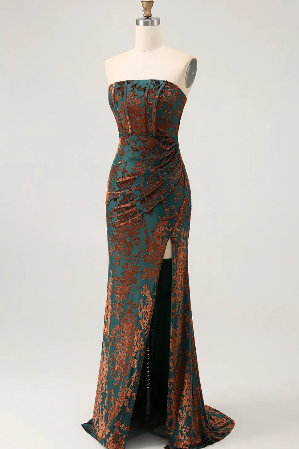 Strapless Peacock Green Corset Burnout Velvet Vestido Madrinha com Fenda