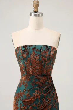 Strapless Peacock Green Corset Burnout Velvet Vestido Madrinha com Fenda