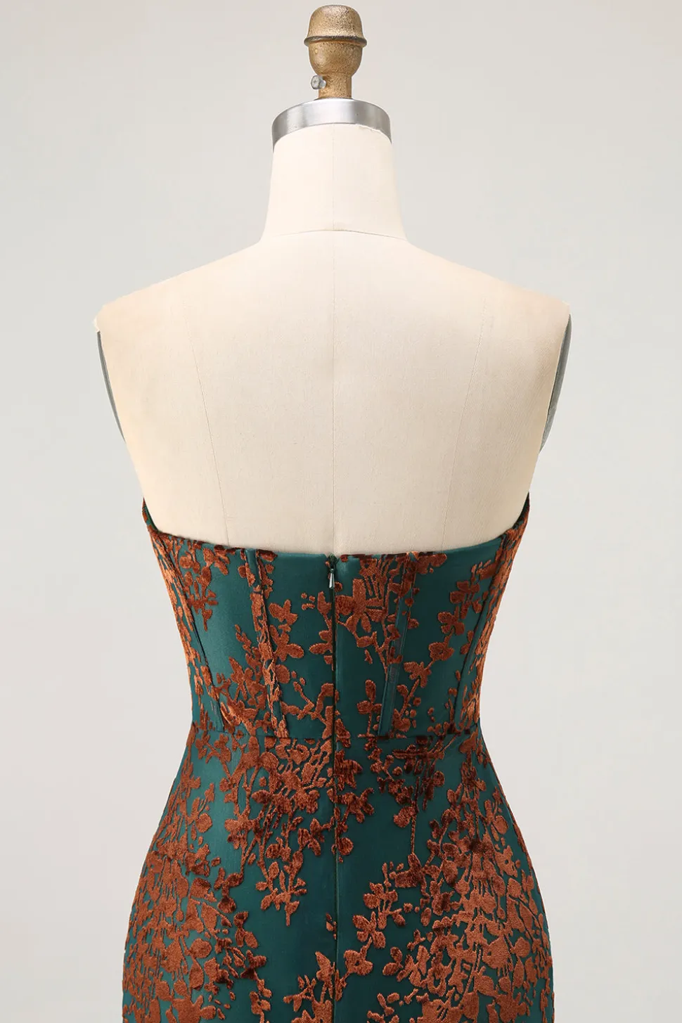 Strapless Peacock Green Corset Burnout Velvet Vestido Madrinha com Fenda