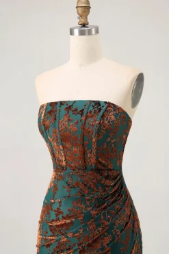 Strapless Peacock Green Corset Burnout Velvet Vestido Madrinha com Fenda