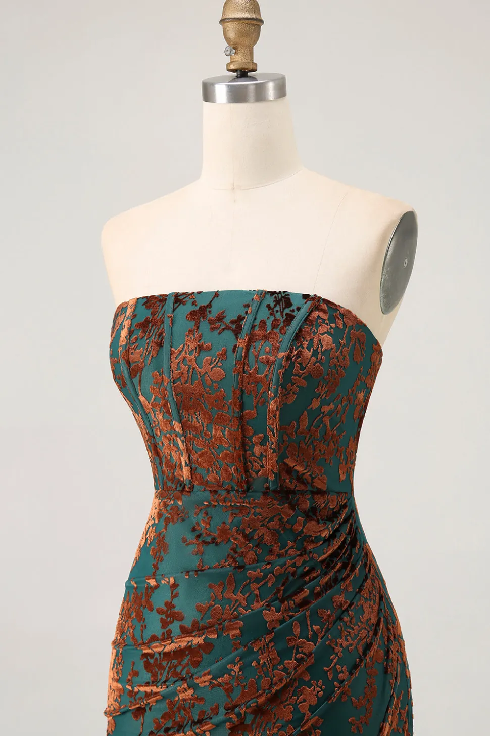 Strapless Peacock Green Corset Burnout Velvet Vestido Madrinha com Fenda