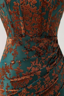 Strapless Peacock Green Corset Burnout Velvet Vestido Madrinha com Fenda