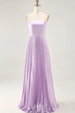 Strapless plissado lilás uma linha longo vestido de dama de honra