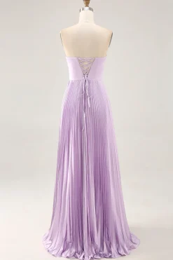 Strapless plissado lilás uma linha longo vestido de dama de honra