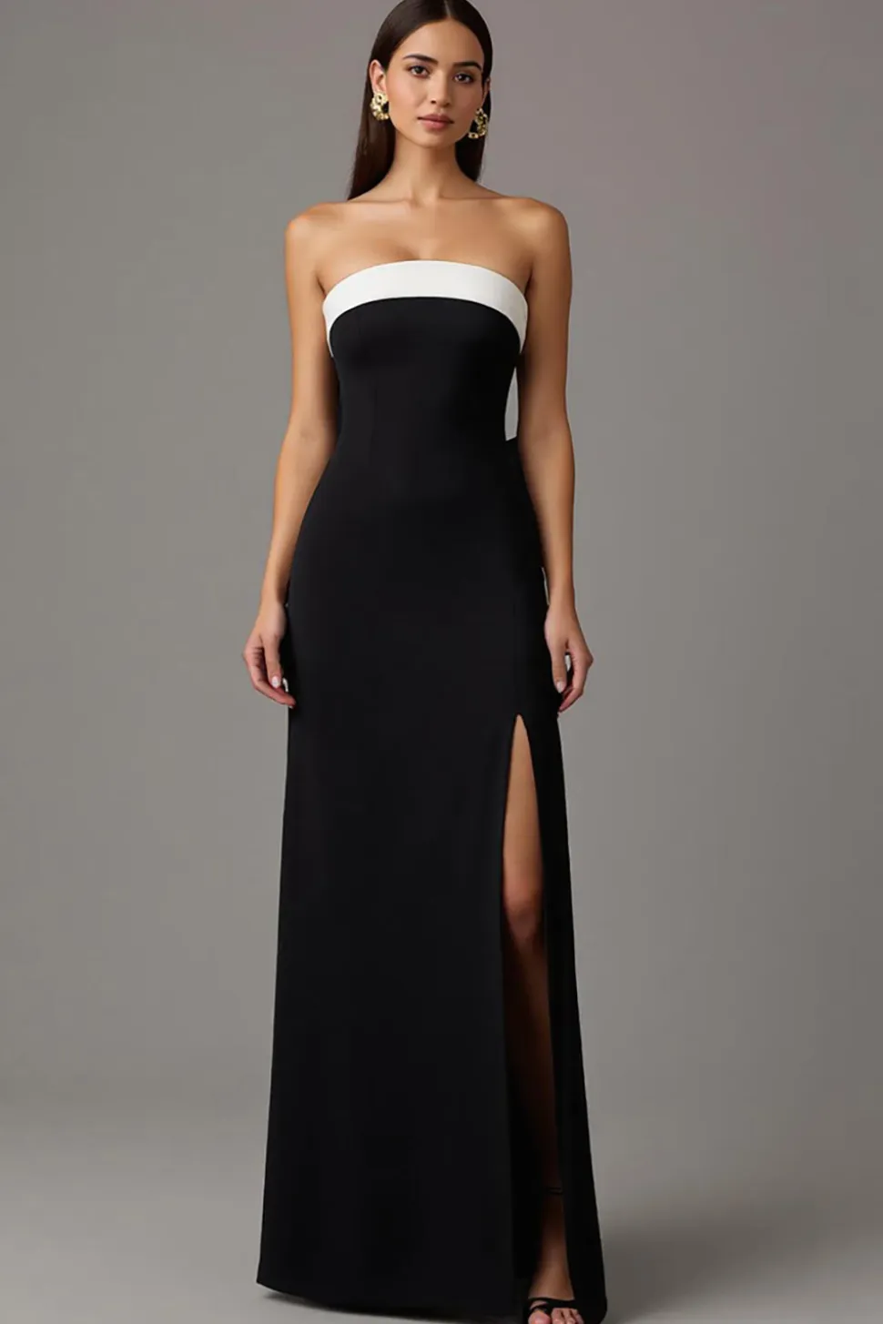 Strapless preto e branco bainha vestido formal longo com fenda