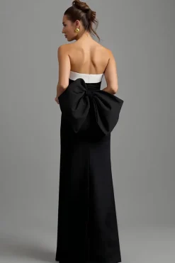 Strapless preto e branco bainha vestido formal longo com fenda