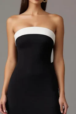 Strapless preto e branco bainha vestido formal longo com fenda