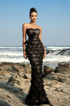 Strapless Preto Sereia Vestido de Noite