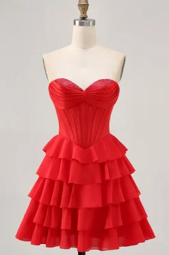 Strapless Red A Line Tiered Corset Short Homecoming Dress