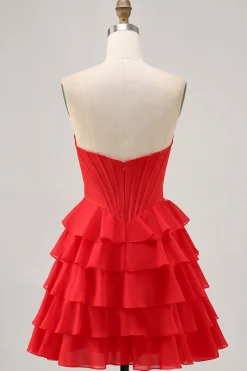 Strapless Red A Line Tiered Corset Short Homecoming Dress