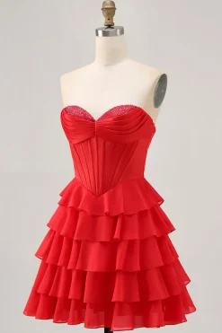 Strapless Red A Line Tiered Corset Short Homecoming Dress