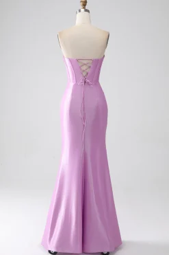Strapless roxo sereia espartilho vestido de baile com plissado