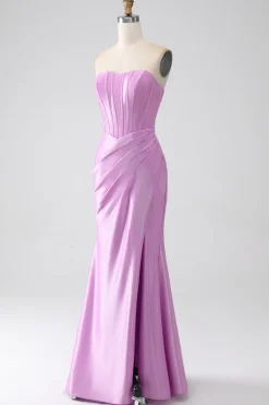 Strapless roxo sereia espartilho vestido de baile com plissado