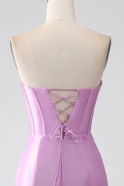 Strapless roxo sereia espartilho vestido de baile com plissado