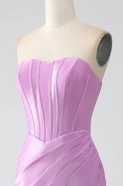 Strapless roxo sereia espartilho vestido de baile com plissado