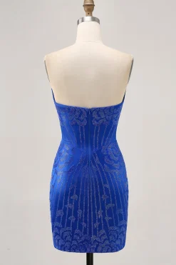 Strapless Royal Blue Frisado Bodycon Vestido Curto Homecoming