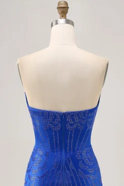 Strapless Royal Blue Frisado Bodycon Vestido Curto Homecoming