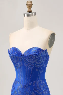 Strapless Royal Blue Frisado Bodycon Vestido Curto Homecoming