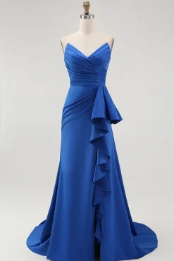 Strapless Royal Blue Sereia Prom Dress com Sash