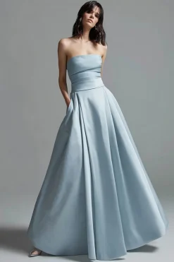 Strapless Sky Blue Uma linha de cetim vestido formal