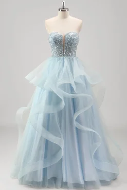 Strapless Sparkly Sequins Tulle Uma linha plissado vestido de baile