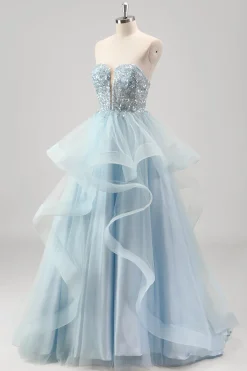 Strapless Sparkly Sequins Tulle Uma linha plissado vestido de baile