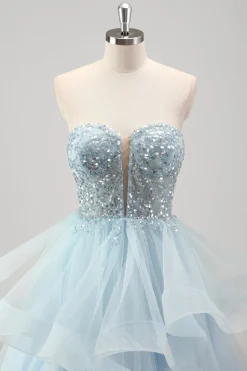 Strapless Sparkly Sequins Tulle Uma linha plissado vestido de baile