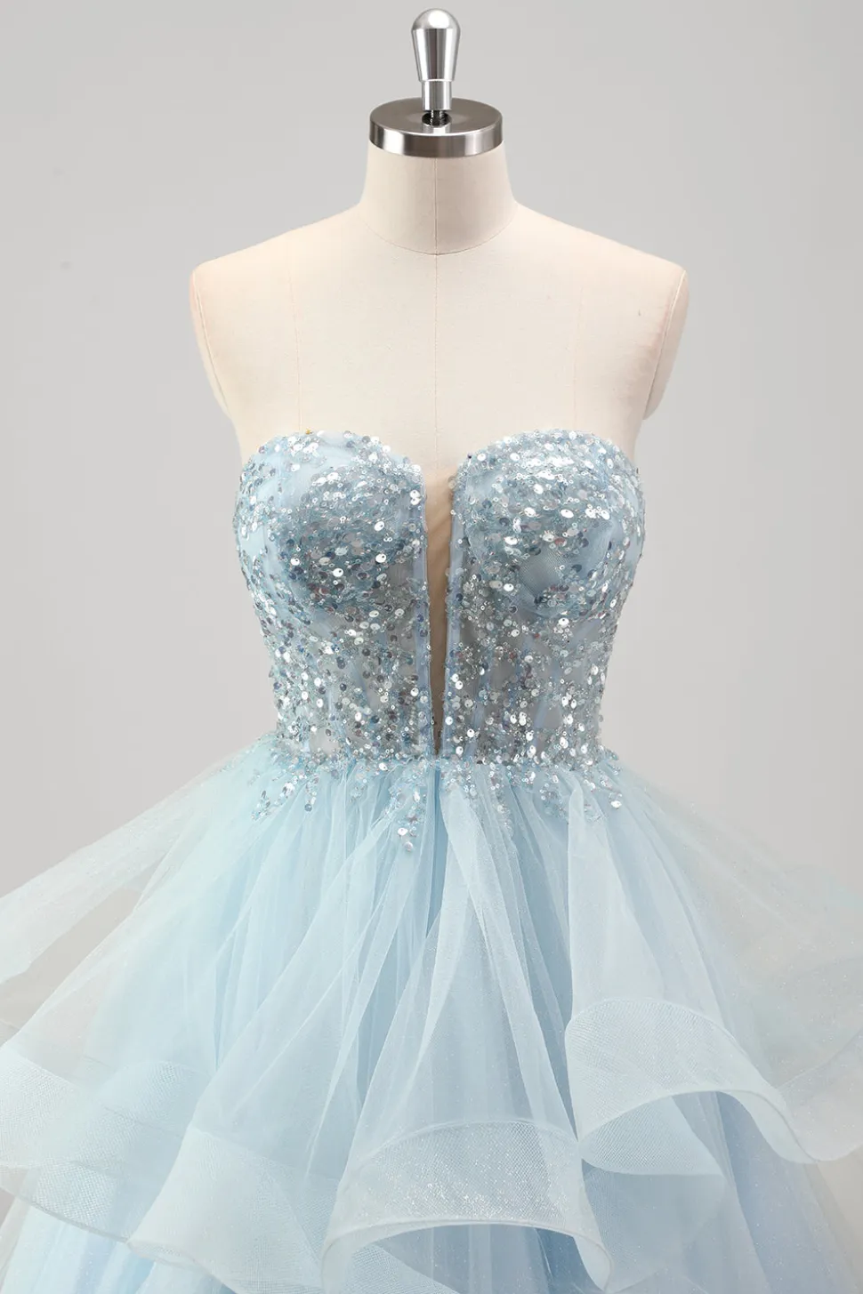 Strapless Sparkly Sequins Tulle Uma linha plissado vestido de baile