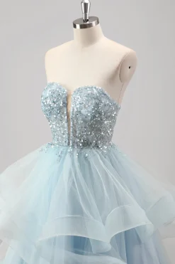 Strapless Sparkly Sequins Tulle Uma linha plissado vestido de baile