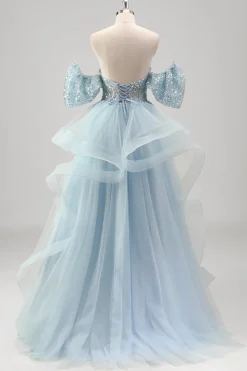 Strapless Sparkly Sequins Tulle Uma linha plissado vestido de baile