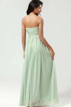 Strapless Uma linha Chiffon vestido verde dama de honra com plissado