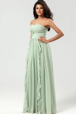 Strapless Uma linha Chiffon vestido verde dama de honra com plissado
