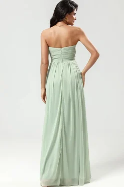 Strapless Uma linha Chiffon vestido verde dama de honra com plissado