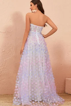 Strapless Uma linha de tule vestido de baile com floral
