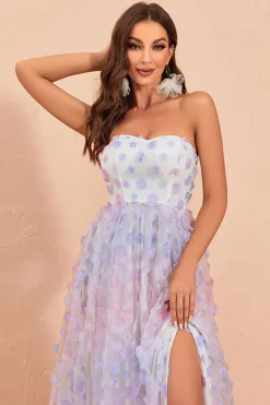 Strapless Uma linha de tule vestido de baile com floral