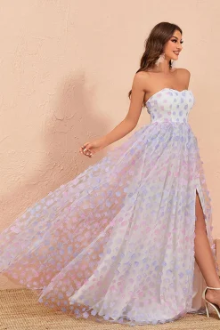 Strapless Uma linha de tule vestido de baile com floral