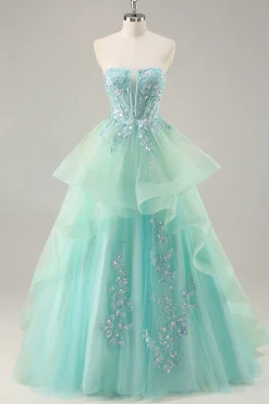 Strapless Uma linha verde espartilho longo vestido de baile com lantejoulas