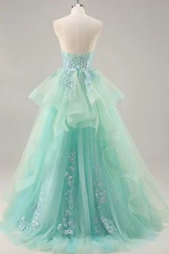 Strapless Uma linha verde espartilho longo vestido de baile com lantejoulas