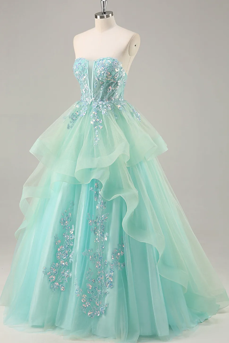 Strapless Uma linha verde espartilho longo vestido de baile com lantejoulas