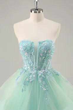 Strapless Uma linha verde espartilho longo vestido de baile com lantejoulas
