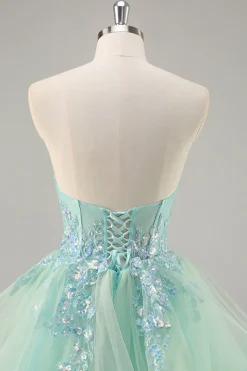 Strapless Uma linha verde espartilho longo vestido de baile com lantejoulas